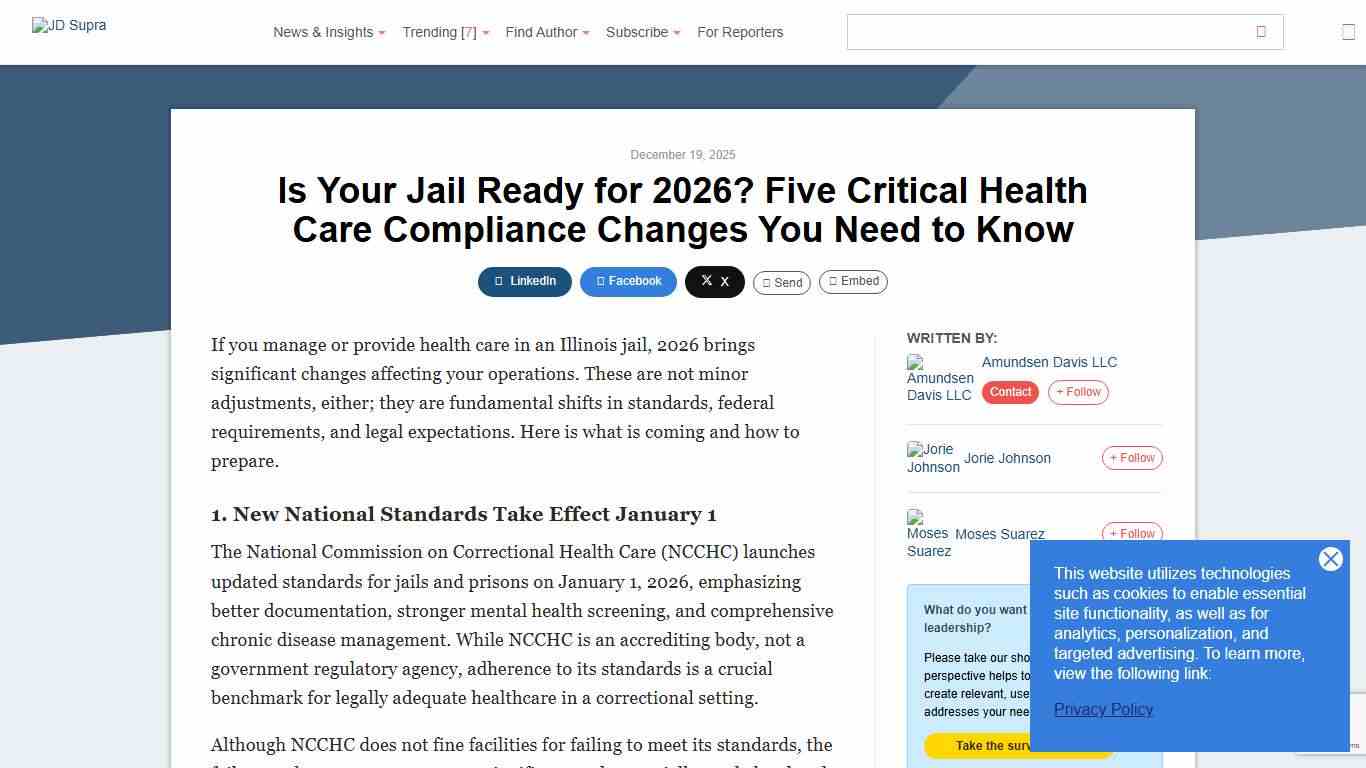 Is Your Jail Ready for 2026? Five Critical Health Care Compliance Changes You Need to Know Amundsen Davis LLC - JDSupra
